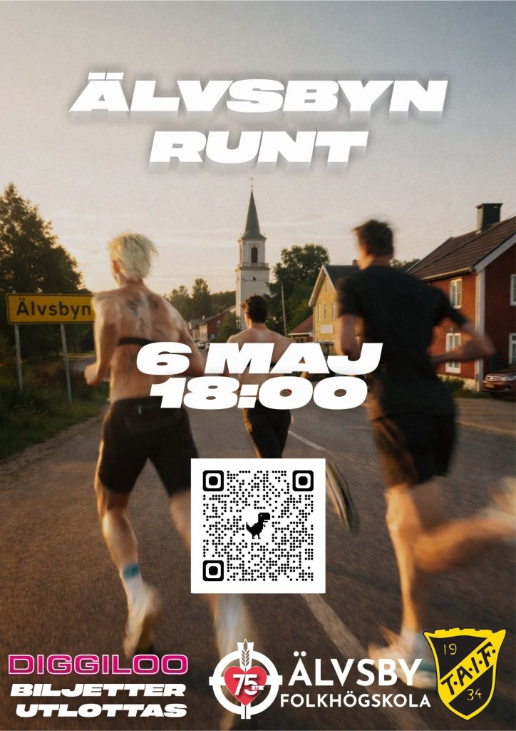 Bilden visar en affisch på Älvsbyn runt med QR kod.